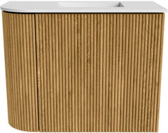 JOYA 51,6cm toiletmeubel ronding links kleur Oak. Wastafel FAYE positie Rechts Zonder kraangat kleur Talc.