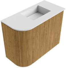 JOYA 51,6cm toiletmeubel ronding links kleur Oak. Wastafel FAYE positie Rechts Zonder kraangat kleur Talc.