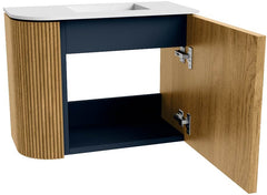 JOYA 51,6cm toiletmeubel ronding links kleur Oak. Wastafel FAYE positie Rechts Zonder kraangat kleur Talc.