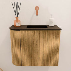 JOYA 51,6cm toiletmeubel ronding links kleur Oak. Wastafel FAYE positie Rechts Zonder kraangat kleur Urban.