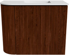 JOYA 51,6cm toiletmeubel ronding links kleur Ruby. Wastafel FAYE positie Rechts Zonder kraangat kleur Talc.