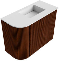 JOYA 51,6cm toiletmeubel ronding links kleur Ruby. Wastafel FAYE positie Rechts Zonder kraangat kleur Talc.