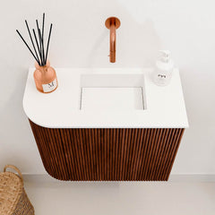 JOYA 51,6cm toiletmeubel ronding links kleur Ruby. Wastafel FAYE positie Rechts Zonder kraangat kleur Talc.