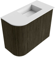 JOYA 51,6cm toiletmeubel ronding links kleur Shadow. Wastafel FAYE positie Rechts Zonder kraangat kleur Talc.