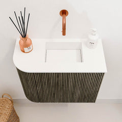 JOYA 51,6cm toiletmeubel ronding links kleur Shadow. Wastafel FAYE positie Rechts Zonder kraangat kleur Talc.