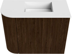 JOYA 51,6cm toiletmeubel ronding links kleur Walnut. Wastafel FAYE positie Rechts Zonder kraangat kleur Talc.