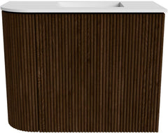 JOYA 51,6cm toiletmeubel ronding links kleur Walnut. Wastafel FAYE positie Rechts Zonder kraangat kleur Talc.