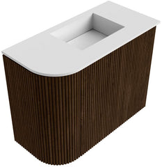 JOYA 51,6cm toiletmeubel ronding links kleur Walnut. Wastafel FAYE positie Rechts Zonder kraangat kleur Talc.