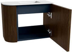 JOYA 51,6cm toiletmeubel ronding links kleur Walnut. Wastafel FAYE positie Rechts Zonder kraangat kleur Talc.