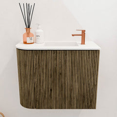 JOYA 51,6cm toiletmeubel ronding links kleur Dusk. Wastafel FAYE positie Rechts 1 kraangat kleur Talc.