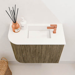 JOYA 51,6cm toiletmeubel ronding links kleur Dusk. Wastafel FAYE positie Rechts 1 kraangat kleur Talc.