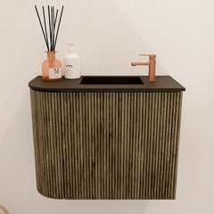 JOYA 51,6cm toiletmeubel ronding links kleur Dusk. Wastafel FAYE positie Rechts 1 kraangat kleur Urban.