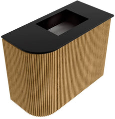 JOYA 51,6cm toiletmeubel ronding links kleur Oak. Wastafel FAYE positie Rechts 1 kraangat kleur Urban.