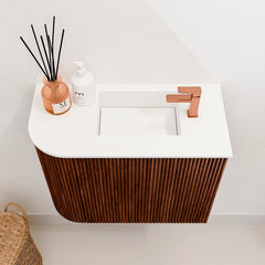 JOYA 51,6cm toiletmeubel ronding links kleur Ruby. Wastafel FAYE positie Rechts 1 kraangat kleur Talc.