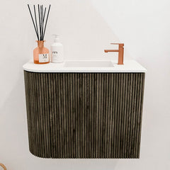 JOYA 51,6cm toiletmeubel ronding links kleur Shadow. Wastafel FAYE positie Rechts 1 kraangat kleur Talc.