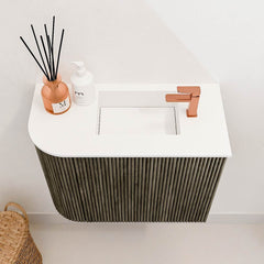 JOYA 51,6cm toiletmeubel ronding links kleur Shadow. Wastafel FAYE positie Rechts 1 kraangat kleur Talc.