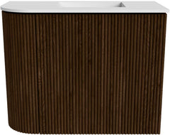 JOYA 51,6cm toiletmeubel ronding links kleur Walnut. Wastafel FAYE positie Rechts 1 kraangat kleur Talc.