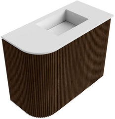 JOYA 51,6cm toiletmeubel ronding links kleur Walnut. Wastafel FAYE positie Rechts 1 kraangat kleur Talc.