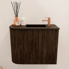 JOYA 51,6cm toiletmeubel ronding links kleur Walnut. Wastafel FAYE positie Rechts 1 kraangat kleur Urban.