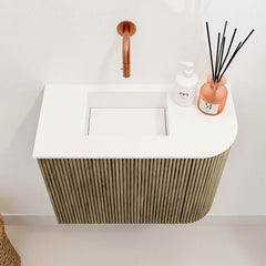 JOYA 51,6cm toiletmeubel ronding rechts kleur Dusk. Wastafel FAYE positie Links Zonder kraangat kleur Talc.