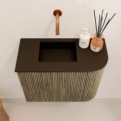 JOYA 51,6cm toiletmeubel ronding rechts kleur Dusk. Wastafel FAYE positie Links Zonder kraangat kleur Urban.