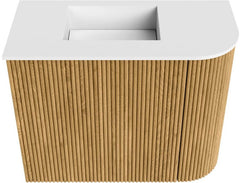 JOYA 51,6cm toiletmeubel ronding rechts kleur Oak. Wastafel FAYE positie Links Zonder kraangat kleur Talc.