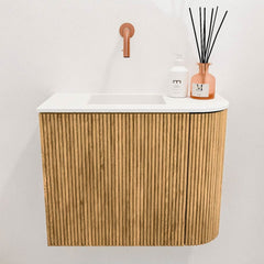 JOYA 51,6cm toiletmeubel ronding rechts kleur Oak. Wastafel FAYE positie Links Zonder kraangat kleur Talc.