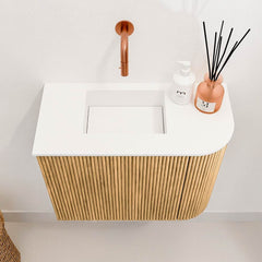 JOYA 51,6cm toiletmeubel ronding rechts kleur Oak. Wastafel FAYE positie Links Zonder kraangat kleur Talc.