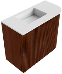 JOYA 51,6cm toiletmeubel ronding rechts kleur Ruby. Wastafel FAYE positie Links Zonder kraangat kleur Talc.