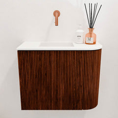 JOYA 51,6cm toiletmeubel ronding rechts kleur Ruby. Wastafel FAYE positie Links Zonder kraangat kleur Talc.