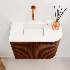 JOYA 51,6cm toiletmeubel ronding rechts kleur Ruby. Wastafel FAYE positie Links Zonder kraangat kleur Talc.