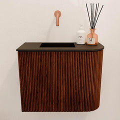 JOYA 51,6cm toiletmeubel ronding rechts kleur Ruby. Wastafel FAYE positie Links Zonder kraangat kleur Urban.