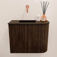 JOYA 51,6cm toiletmeubel ronding rechts kleur Walnut. Wastafel FAYE positie Links Zonder kraangat kleur Urban.