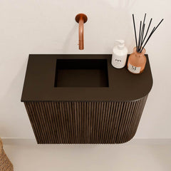 JOYA 51,6cm toiletmeubel ronding rechts kleur Walnut. Wastafel FAYE positie Links Zonder kraangat kleur Urban.