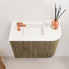 JOYA 51,6cm toiletmeubel ronding rechts kleur Dusk. Wastafel FAYE positie Links 1 kraangat kleur Talc.