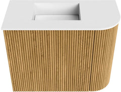 JOYA 51,6cm toiletmeubel ronding rechts kleur Oak. Wastafel FAYE positie Links 1 kraangat kleur Talc.