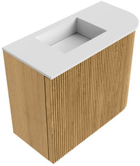 JOYA 51,6cm toiletmeubel ronding rechts kleur Oak. Wastafel FAYE positie Links 1 kraangat kleur Talc.