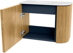 JOYA 51,6cm toiletmeubel ronding rechts kleur Oak. Wastafel FAYE positie Links 1 kraangat kleur Talc.