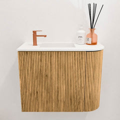 JOYA 51,6cm toiletmeubel ronding rechts kleur Oak. Wastafel FAYE positie Links 1 kraangat kleur Talc.