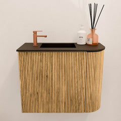 JOYA 51,6cm toiletmeubel ronding rechts kleur Oak. Wastafel FAYE positie Links 1 kraangat kleur Urban.