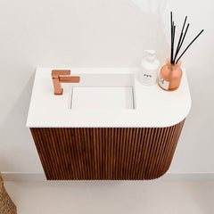 JOYA 51,6cm toiletmeubel ronding rechts kleur Ruby. Wastafel FAYE positie Links 1 kraangat kleur Talc.