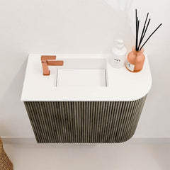 JOYA 51,6cm toiletmeubel ronding rechts kleur Shadow. Wastafel FAYE positie Links 1 kraangat kleur Talc.