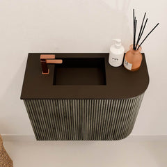 JOYA 51,6cm toiletmeubel ronding rechts kleur Shadow. Wastafel FAYE positie Links 1 kraangat kleur Urban.