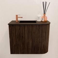 JOYA 51,6cm toiletmeubel ronding rechts kleur Walnut. Wastafel FAYE positie Links 1 kraangat kleur Urban.