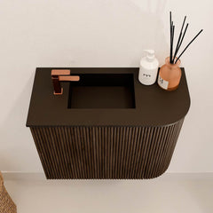 JOYA 51,6cm toiletmeubel ronding rechts kleur Walnut. Wastafel FAYE positie Links 1 kraangat kleur Urban.