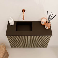 JOYA 60cm toiletmeubel kleur Dusk. Wastafel FAYE positie Links Zonder kraangat kleur Urban.