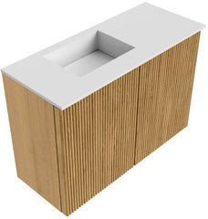 JOYA 60cm toiletmeubel kleur Oak. Wastafel FAYE positie Links Zonder kraangat kleur Talc.