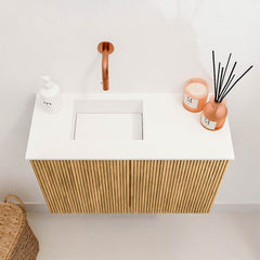 JOYA 60cm toiletmeubel kleur Oak. Wastafel FAYE positie Links Zonder kraangat kleur Talc.