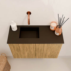 JOYA 60cm toiletmeubel kleur Oak. Wastafel FAYE positie Links Zonder kraangat kleur Urban.