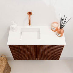 JOYA 60cm toiletmeubel kleur Ruby. Wastafel FAYE positie Links Zonder kraangat kleur Talc.